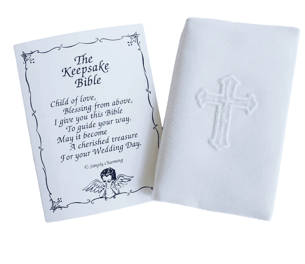 White Satin Covered Keepsake Baby Bible with Cross