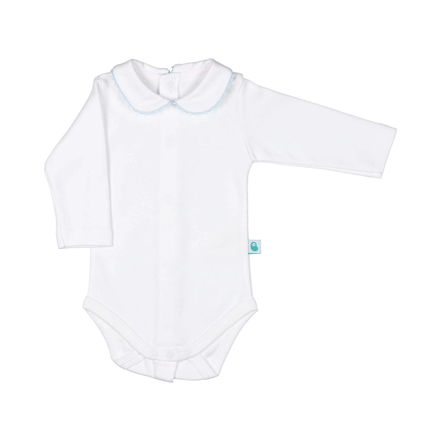 White Bodysuit Long Sleeve Onesie with Baby Blue Peter Pan Collar