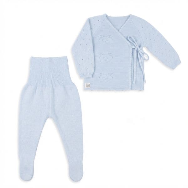 Baby Blue Openwork Point Cotton Knit Set with Embossed Teddy Bears - Petite Maison Kids