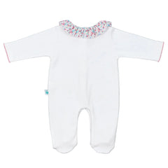 Baby White Cotton Babygrow with Floral Fabric Ruffle Collar