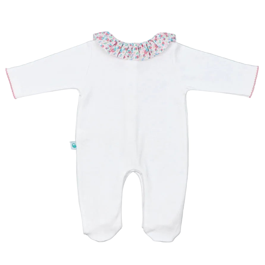 Baby White Cotton Babygrow with Floral Fabric Ruffle Collar