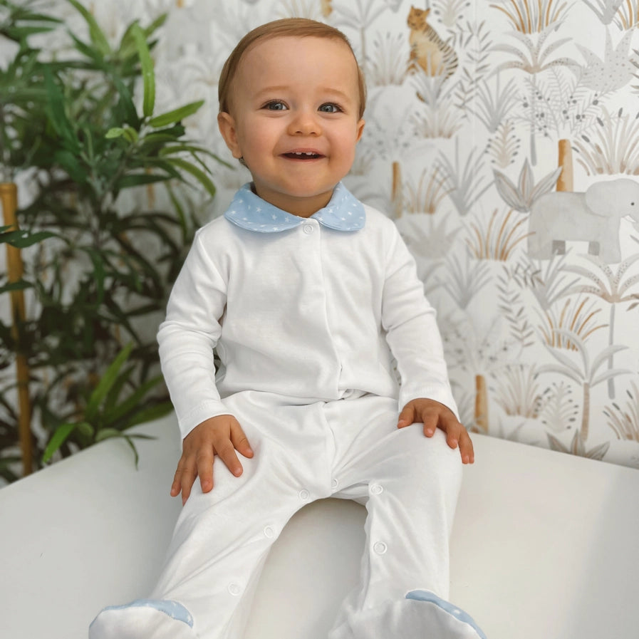 White Cotton Babygrow with Blue Collar and Feet with Stars
