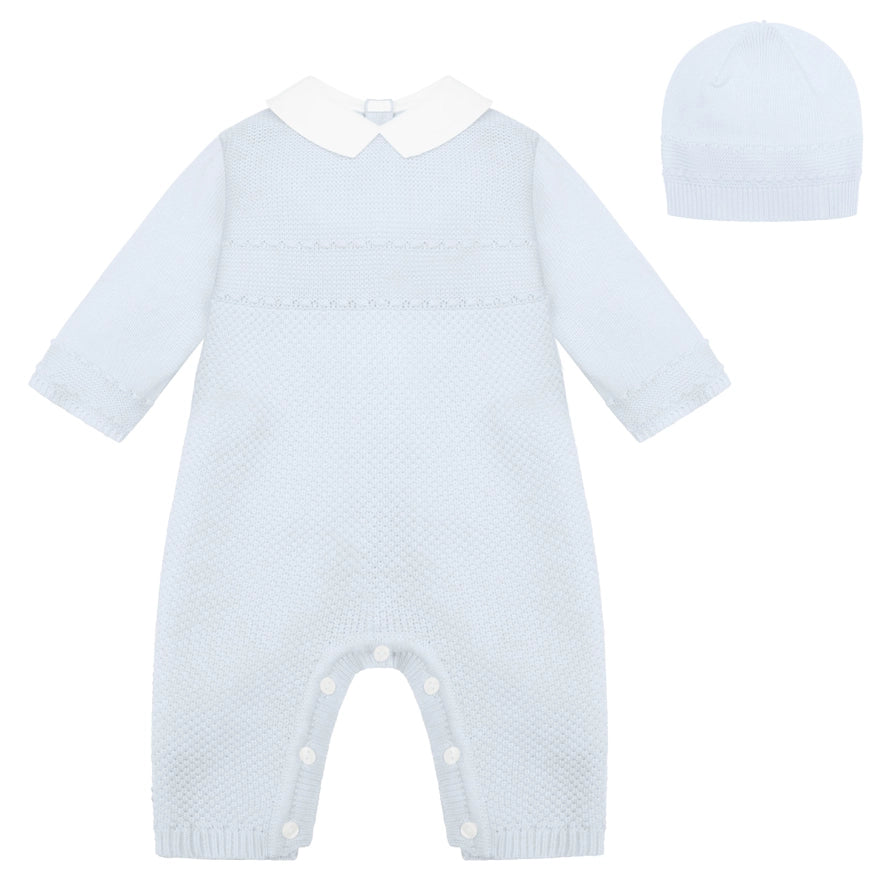 Kaleb Boys Blue Knitted All in One & Hat Set