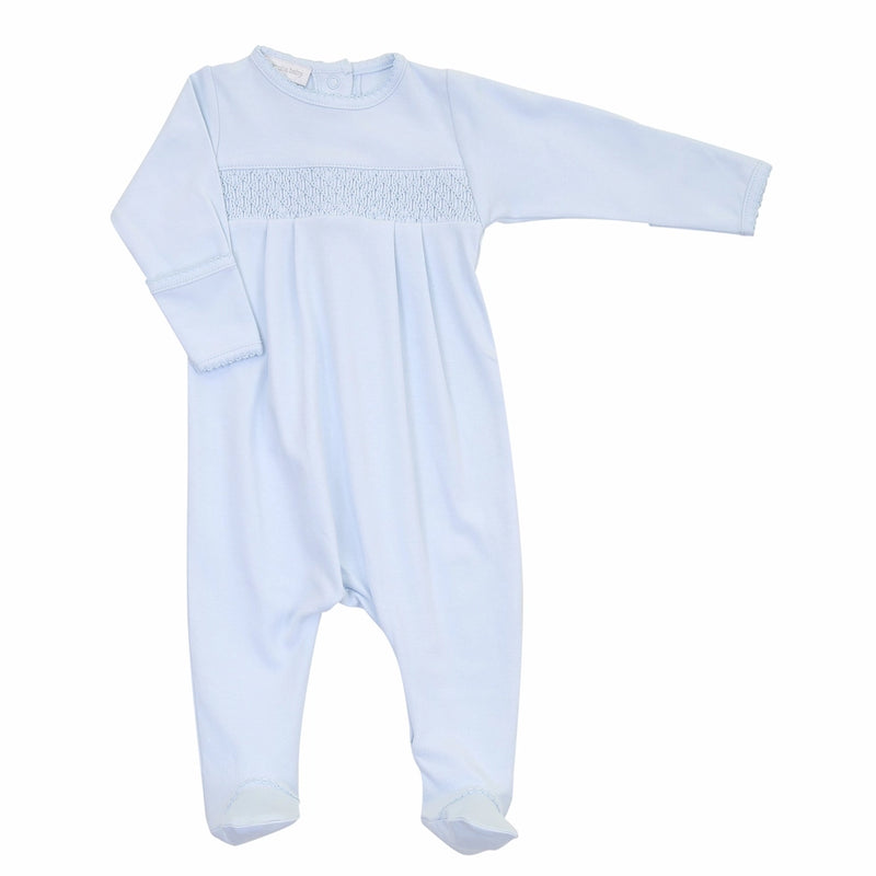 Essentials Solid Blue Smocked Footie — Pima Cotton Baby Footie