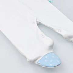White Cotton Babygrow with Blue Collar and Feet with Stars