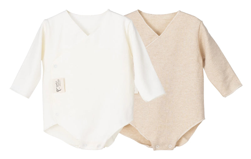 Two Crossover Baby Bodysuits Organic Cotton and Linen Blend