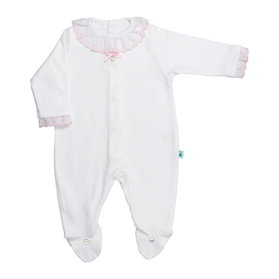 Baby White Cotton Babygrow with Pink Swiss Dot Ruffle Collar