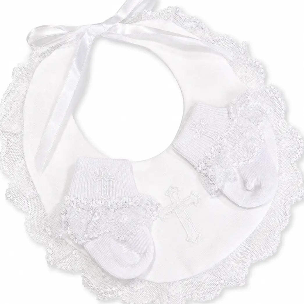 Baby Bib & Socks  Christening Set w/ Lace