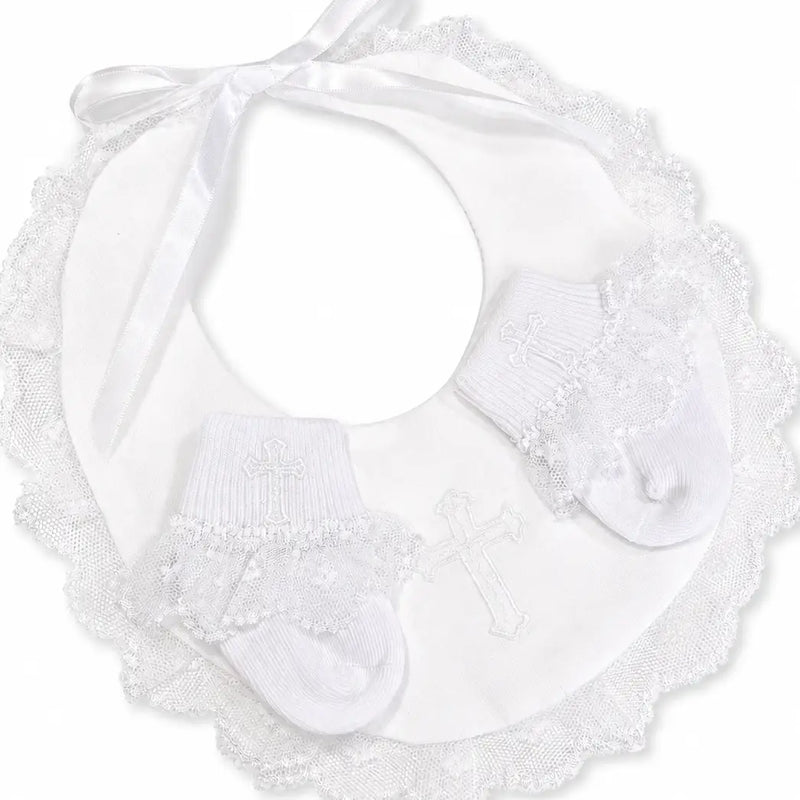 Baby Bib & Socks  Christening Set w/ Lace