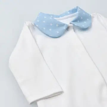 White Cotton Babygrow with Blue Collar and Feet with Stars