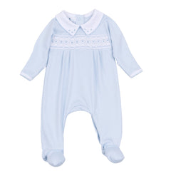 Landry Smocked Footie — Light Blue Pima Cotton Baby Footie