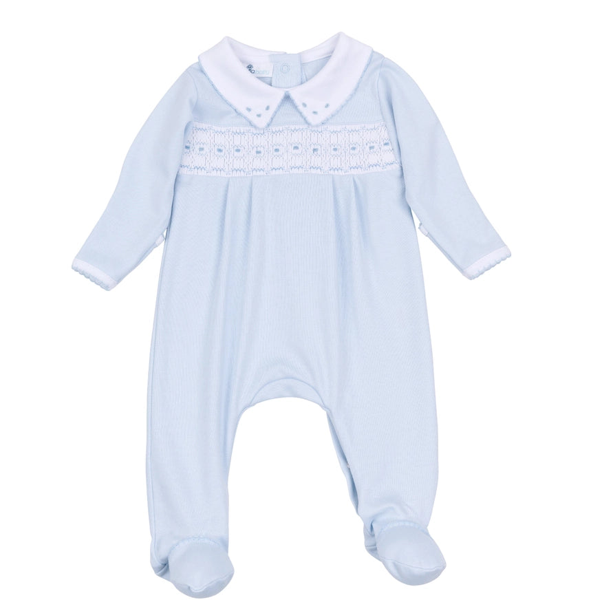 Landry Smocked Footie — Light Blue Pima Cotton Baby Footie
