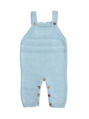 Baby Blue Cotton Knit Overalls with Wooden Buttons