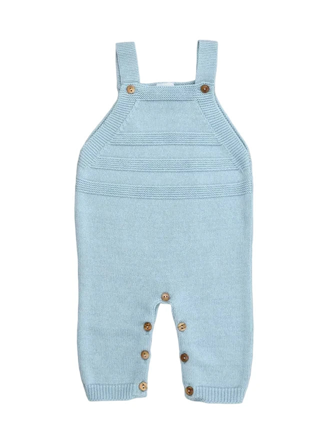 Baby Blue Cotton Knit Overalls with Wooden Buttons