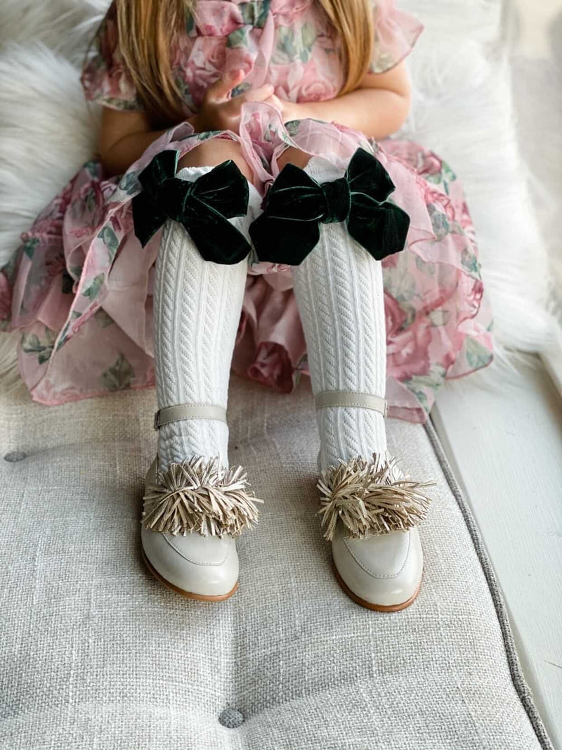 White Knee High Socks - Royal Green Bow