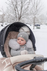 Honeycomb Grey Cashmere Beanie Hats - White Print Pom