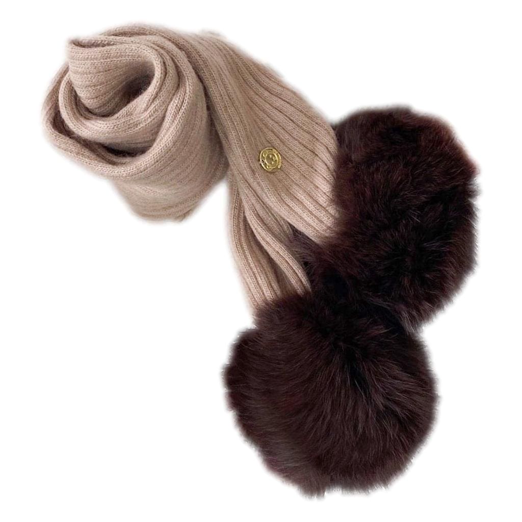 Misha Ribbed Angora Scarf with Brown Fur Poms