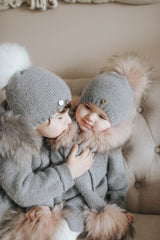 Honeycomb Grey Cashmere Beanie Hats - Pink Pom