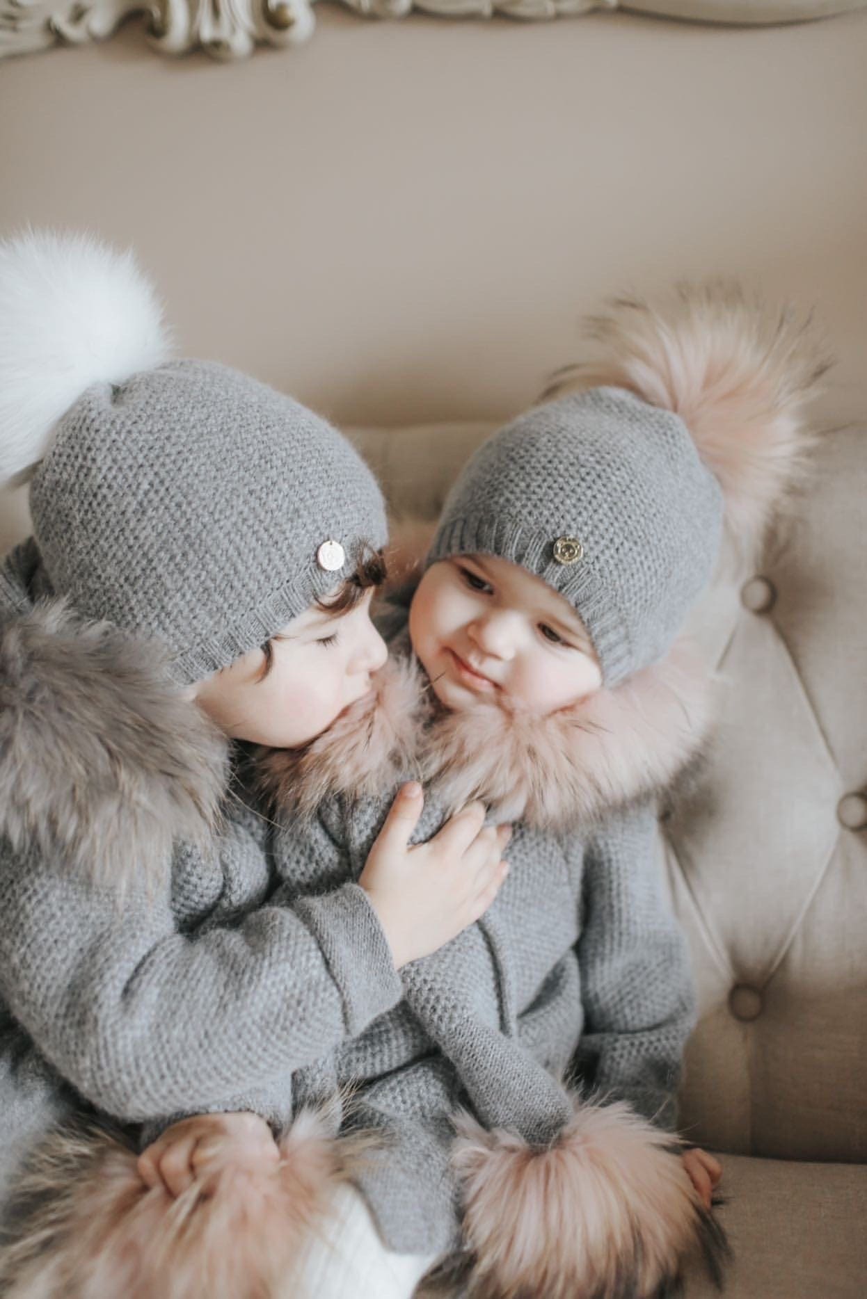 Honeycomb Grey Cashmere Beanie Hats - Pink Pom