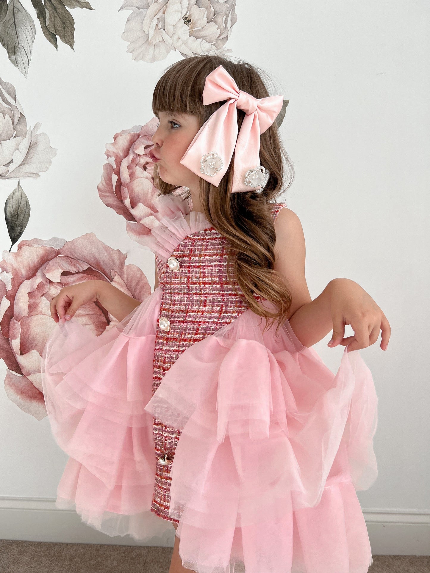 Anise Satin Embroidered Hair Bows - Ballet Pink