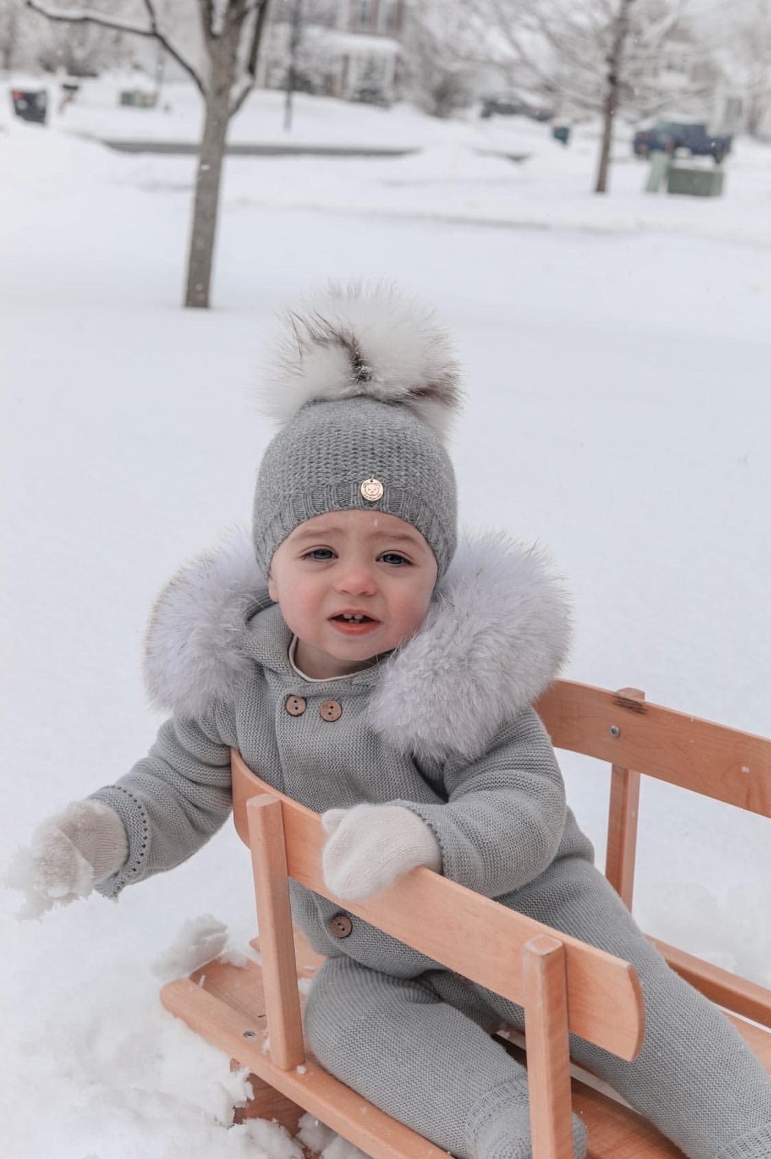 Honeycomb Grey Cashmere Beanie Hats - White Print Pom