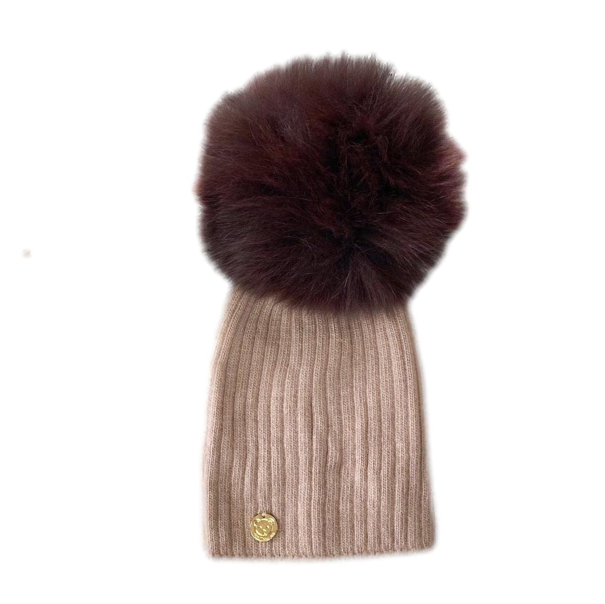 Misha Ribbed Angora Hat Brown Fur Pom