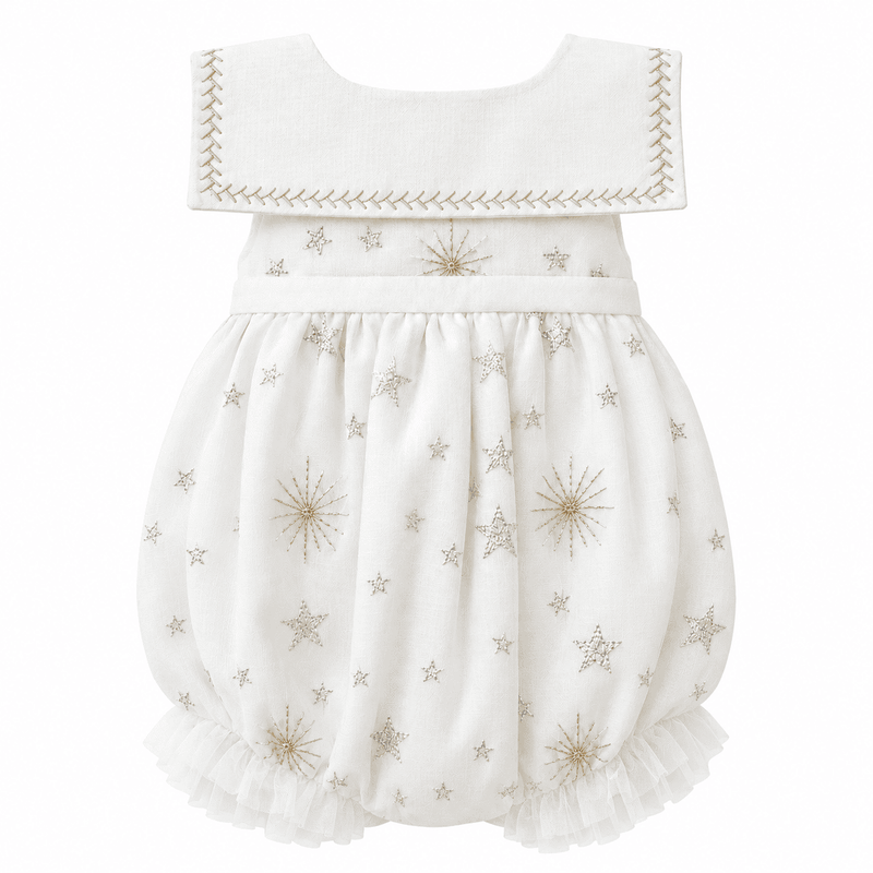 Star White Tulle Romper with Silver & Gold Embroidery