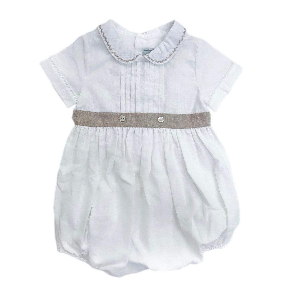 Ashton linen baby boy romper with Peter Pan collar and beige embroidery. Lightweight, breathable style perfect for warm weather.