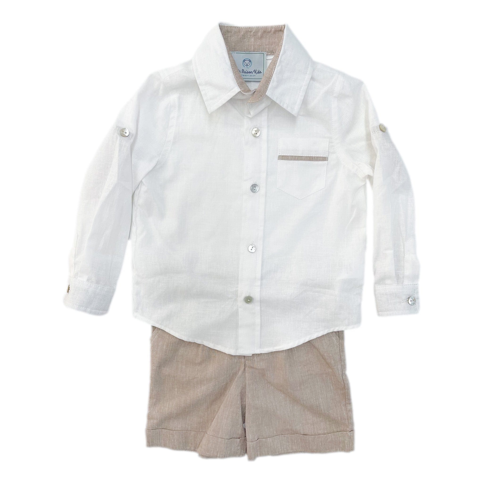 Ashton linen top and beige shorts set for boys. Breathable two piece outfit perfect for summer outings and special occasions.