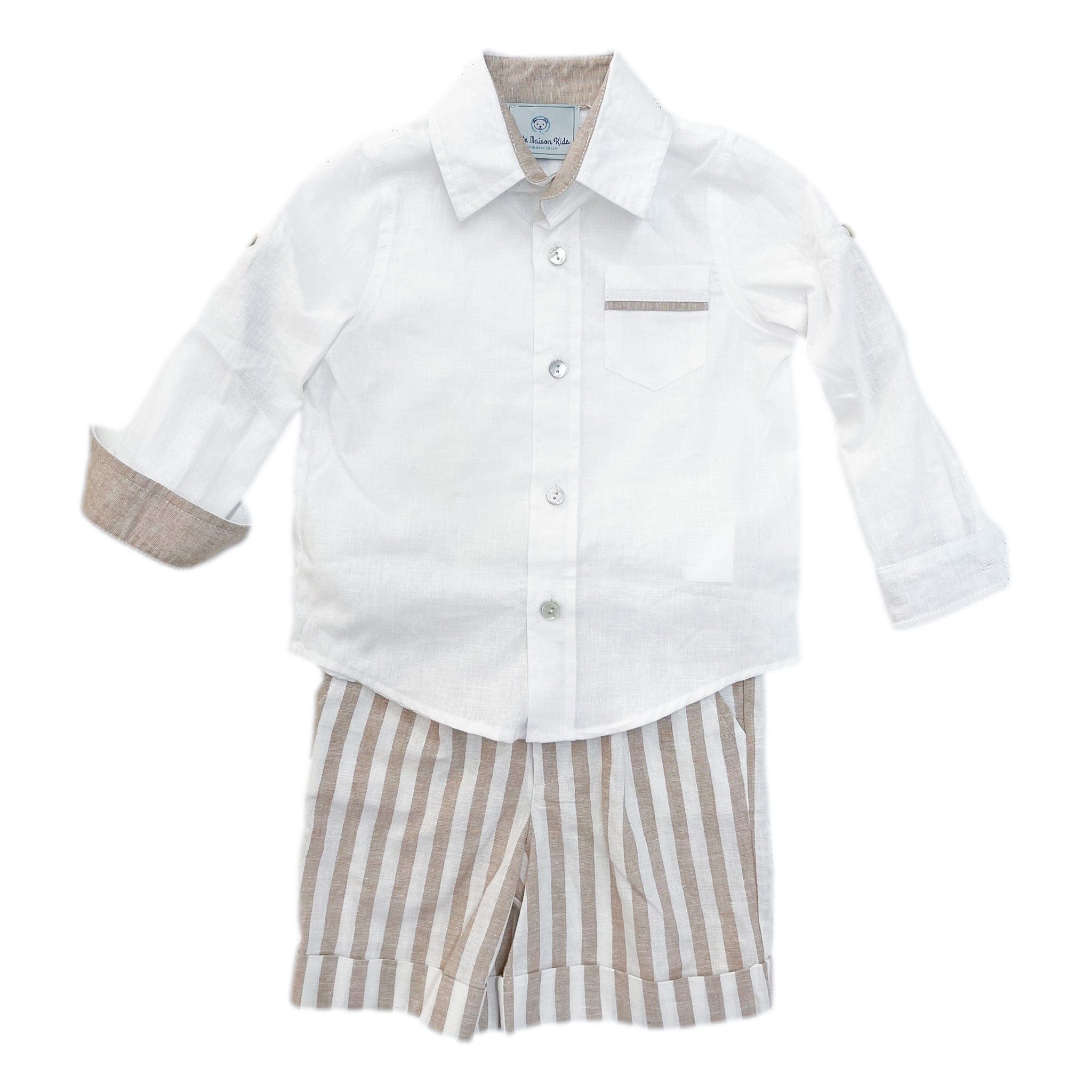 Ashton boys linen shirt and striped shorts set with mother of pearl buttons and adjustable waist. Perfect for special occasions or casual wear.