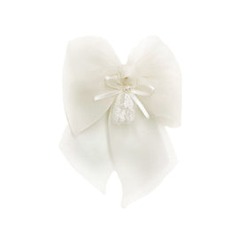 Bella ivory organza hair bow with lace center and faux pearl accents. Lightweight accessory perfect to match the Bella Collection.
