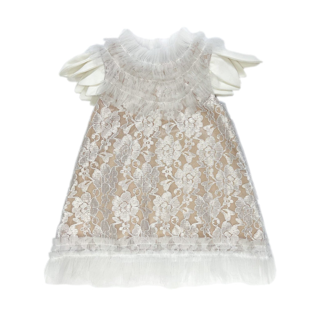 Dove lace overlay girls dress with beige satin lining, floral lace detail, crepe petal sleeves, tulle ruffle trim, and back zipper closure.