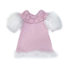 Ella pink knit girls dress with embroidered collar, white feather trim on sleeves and hem, and rhinestone button back closure.
