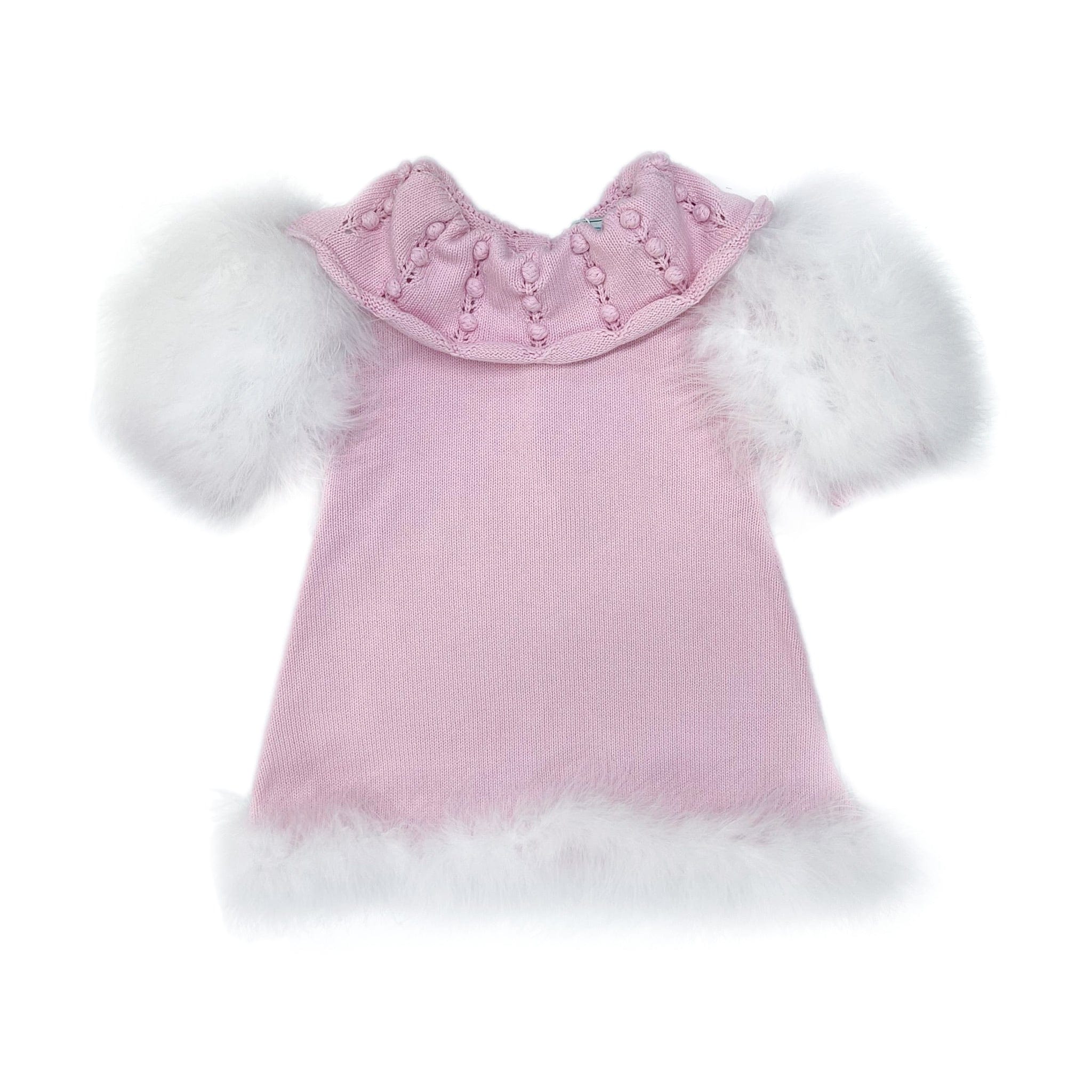 Ella pink knit girls dress with embroidered collar, white feather trim on sleeves and hem, and rhinestone button back closure.

