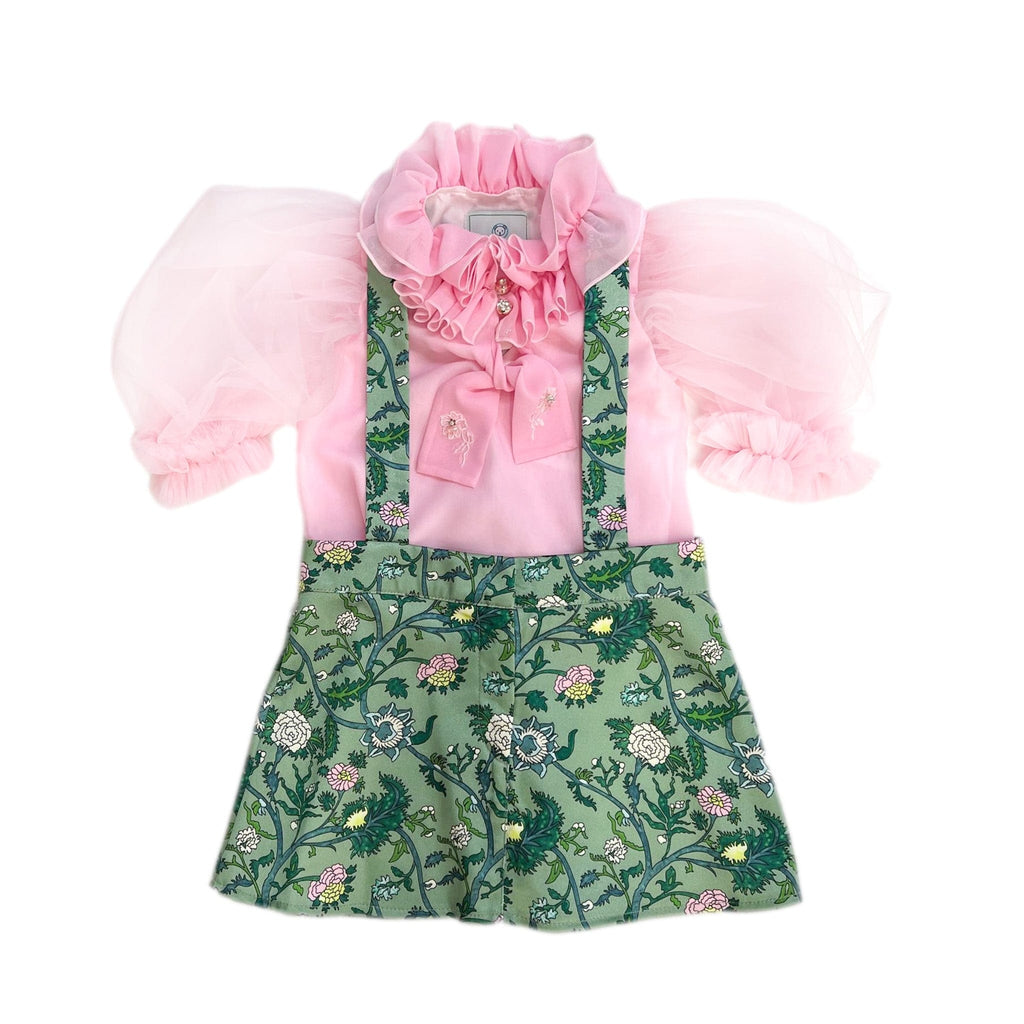 Eva two piece girls set with green floral skirt, pink tulle blouse, puff sleeves, rhinestone buttons, and adjustable waist.
