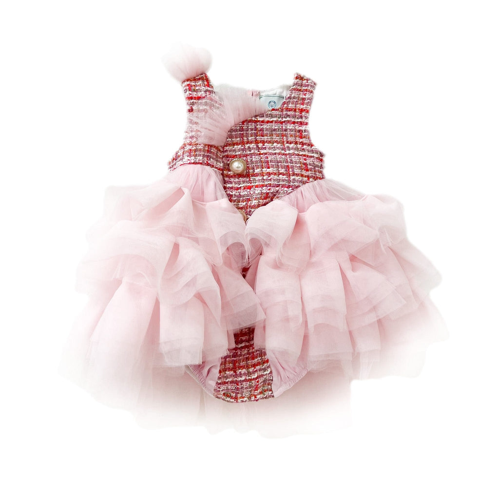 Kellie Pink Tweed Romper flat lay featuring pink tweed bodice, pearl button details, and layered soft pink tulle skirt for baby girls special occasion wear