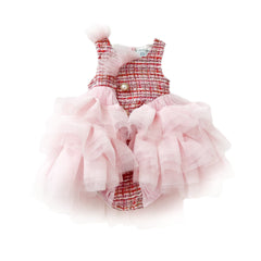 Kellie Pink Tweed Romper flat lay featuring pink tweed bodice, pearl button details, and layered soft pink tulle skirt for baby girls special occasion wear