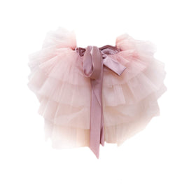 Pink, light peach, and white layered tulle tutu skirt with cascading layers, adjustable elastic waist, and back tie bow.