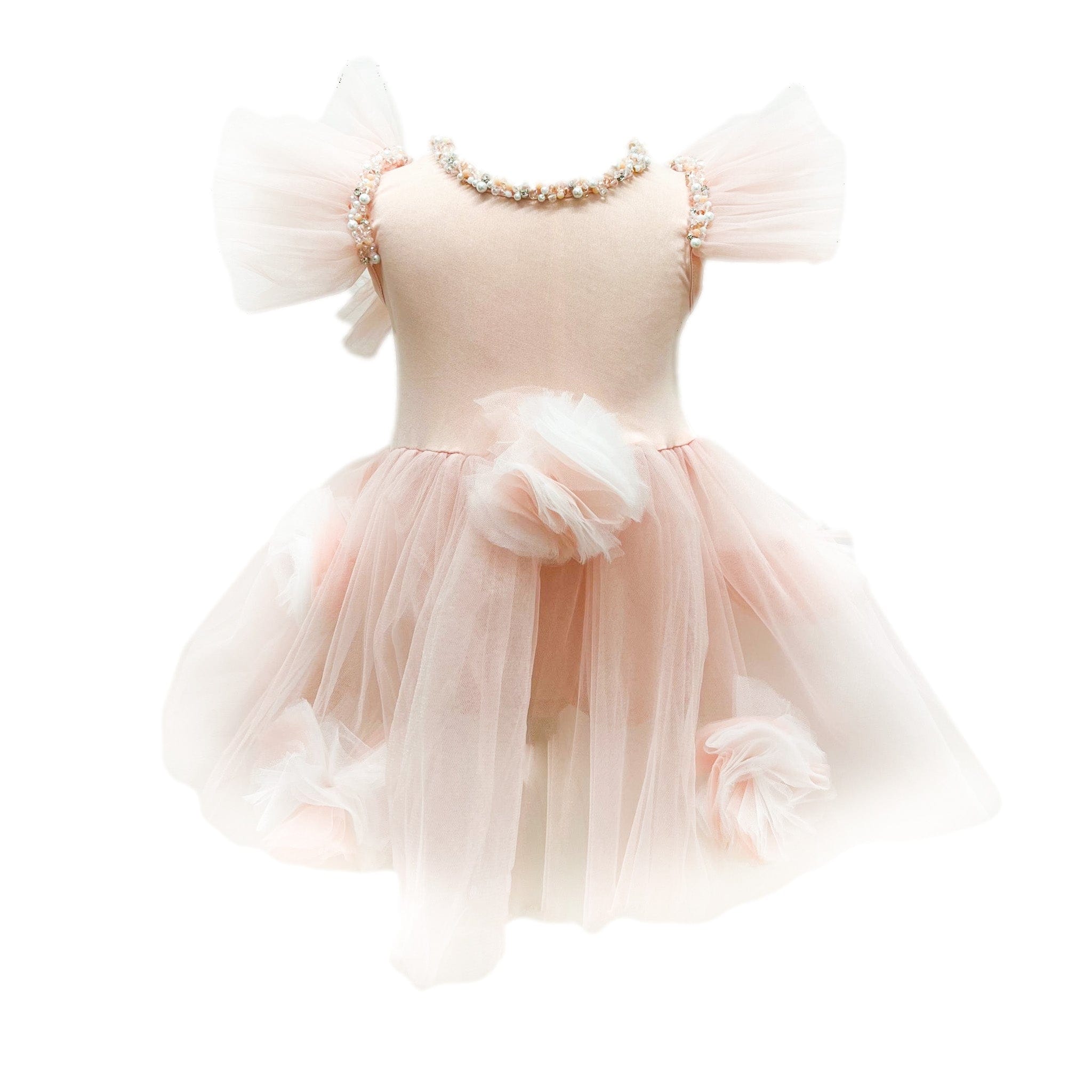Sugar Plum peach pink leotard tutu with hand beaded neckline, oversized tulle ruffle shoulders, and floral tulle skirt with snap closure.