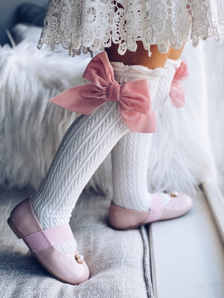 White Knee High Socks with Velvet Bows - Petit Maison Kids