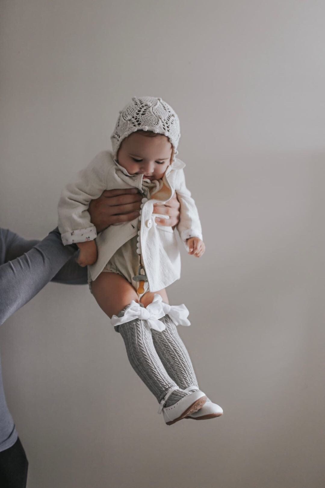 Grey Knee High Socks with Velvet Bows - Petit Maison Kids