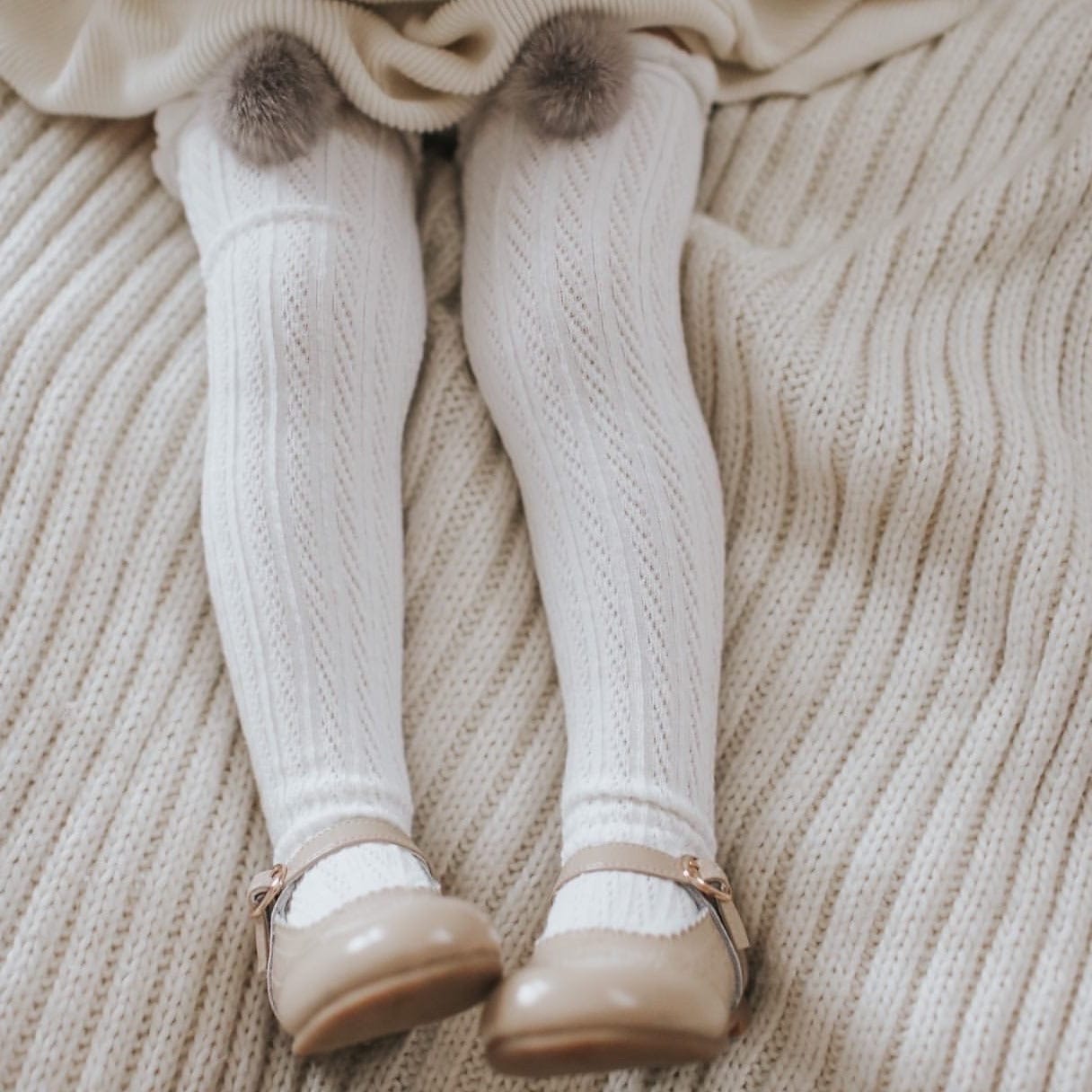 White Knee High Socks with Poms - Petit Maison Kids