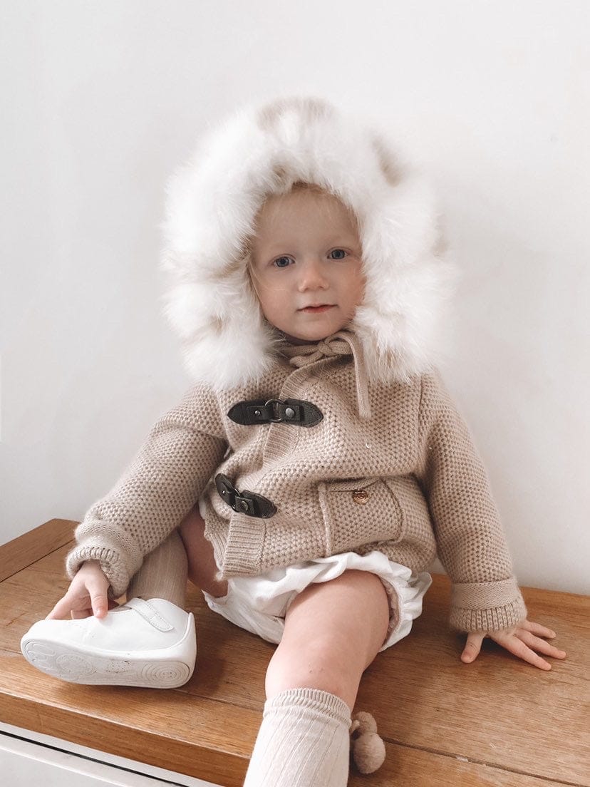 Honeycomb Beige Cashmere Pram Coat with White Print Trim