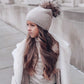 Honeycomb Beige Cashmere Beanie with Natural Pom - Petite Maison Kids