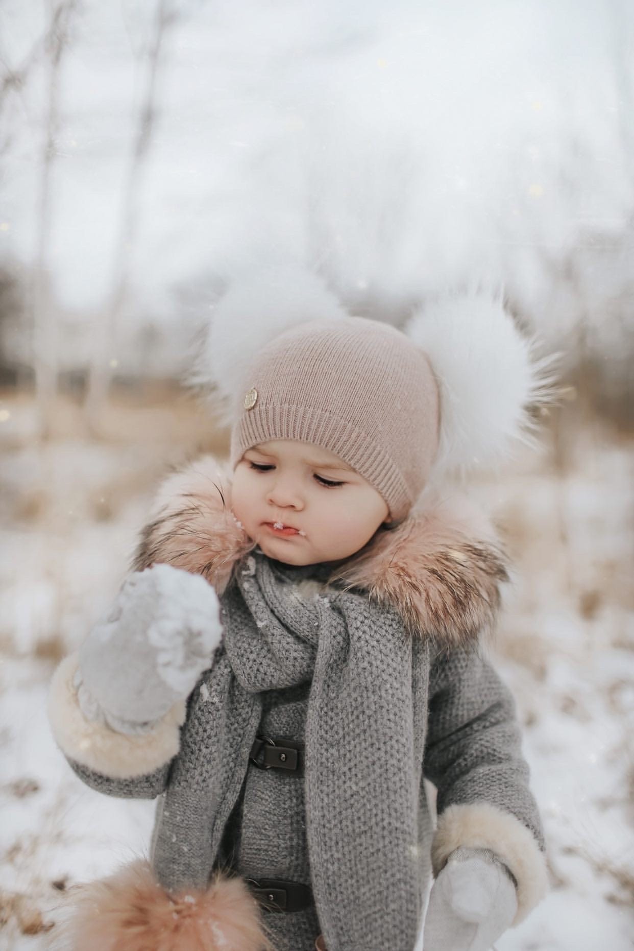 Dusty Beige Angora Double Pom Beanie Hat - Petit Maison Kids