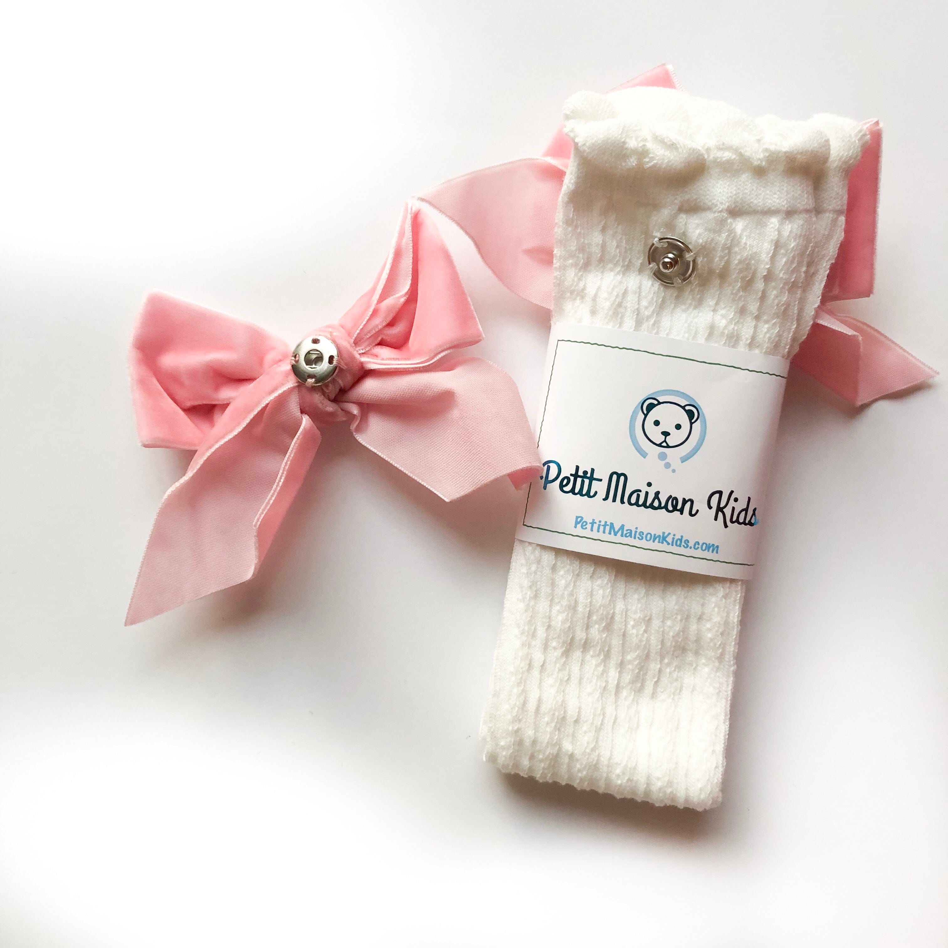 White Knee High Socks with Velvet Bows - Petit Maison Kids