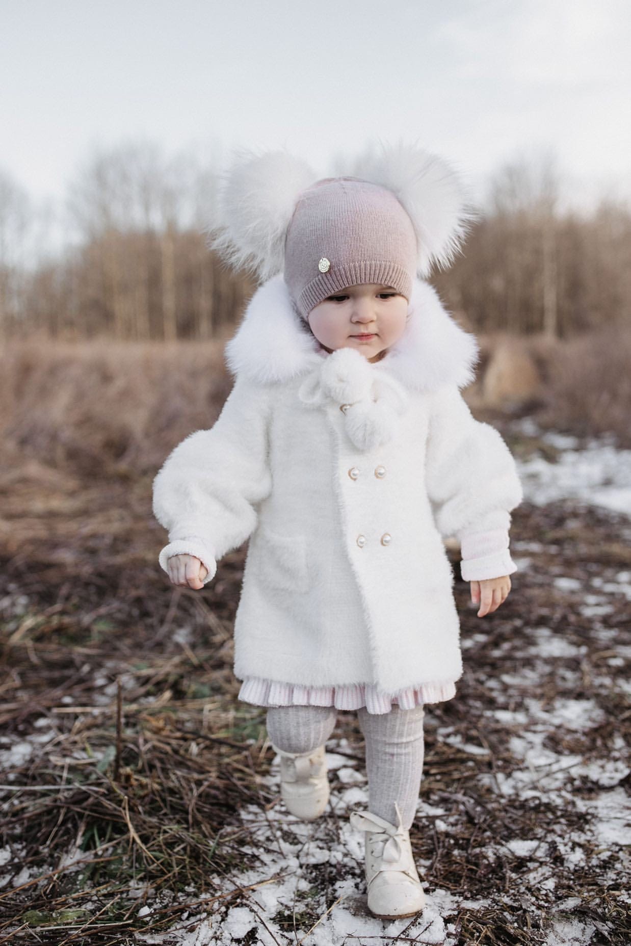 Dusty Beige Angora Double Pom Beanie Hat - Petit Maison Kids