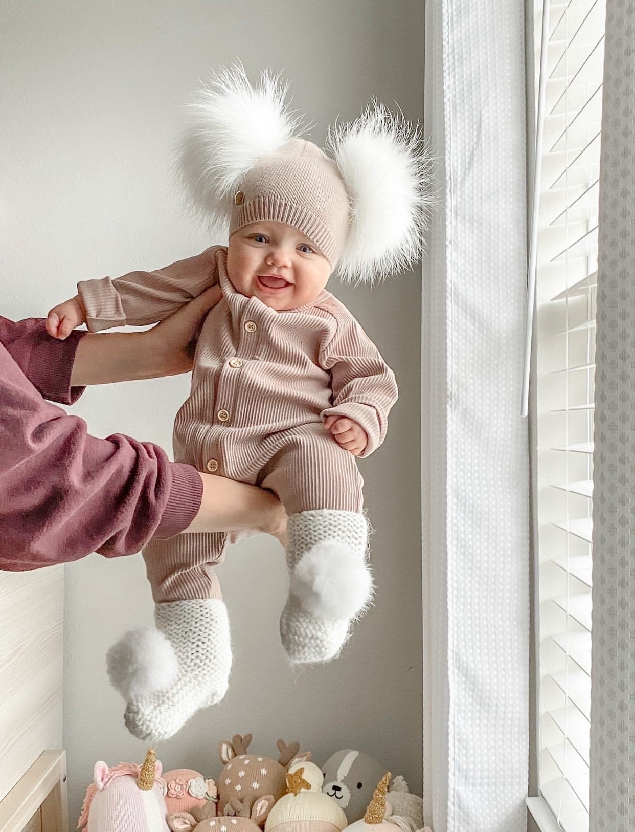 Dusty Beige Angora Double Pom Beanie Hat - Petit Maison Kids