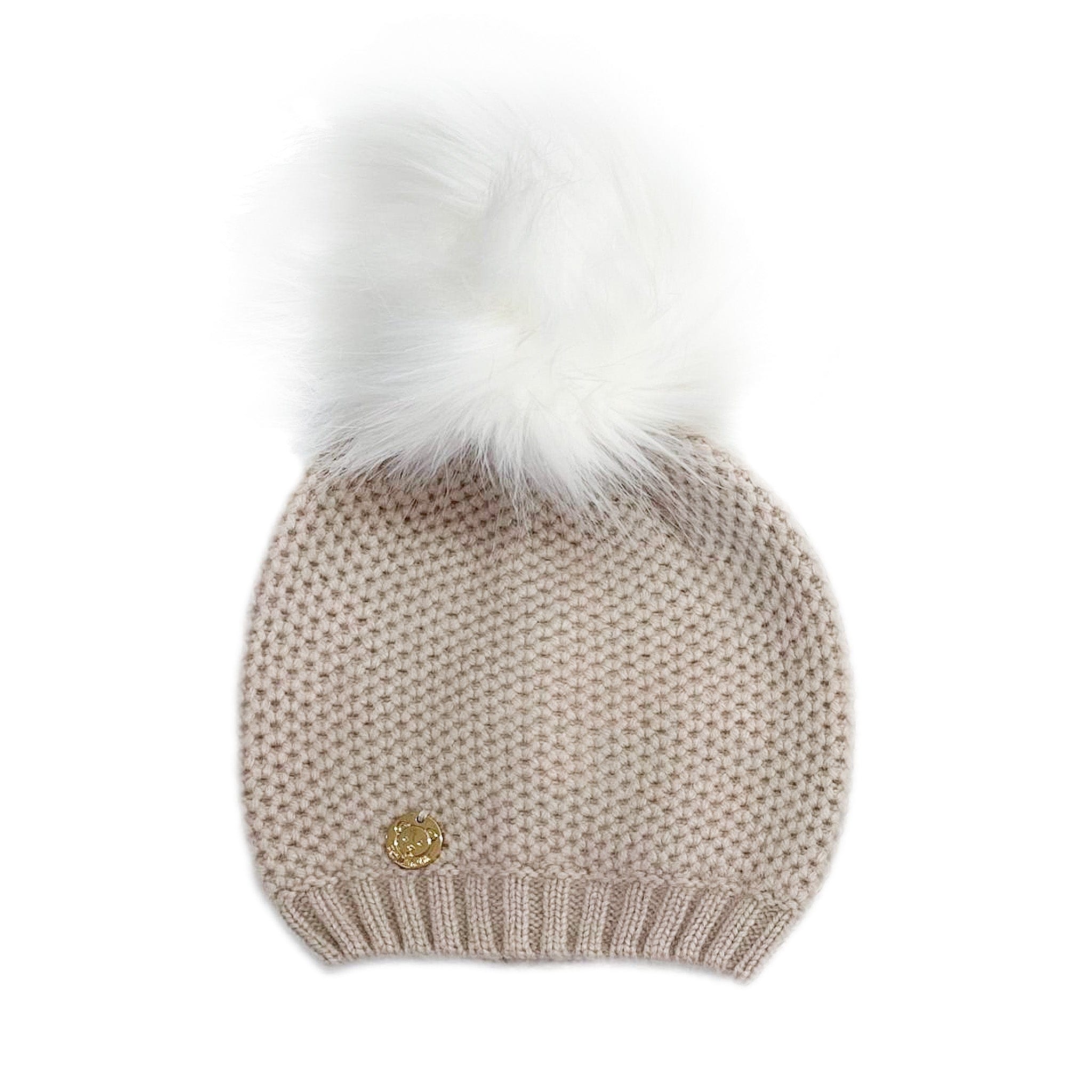 Honeycomb Beige Cashmere Beanie with Faux Fur Pom - Petite Maison Kids