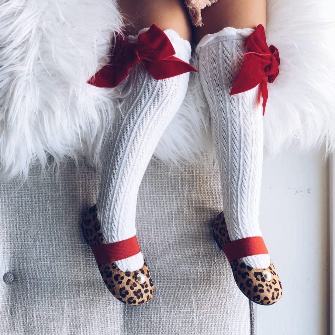 White Knee High Socks with Velvet Bows - Petit Maison Kids